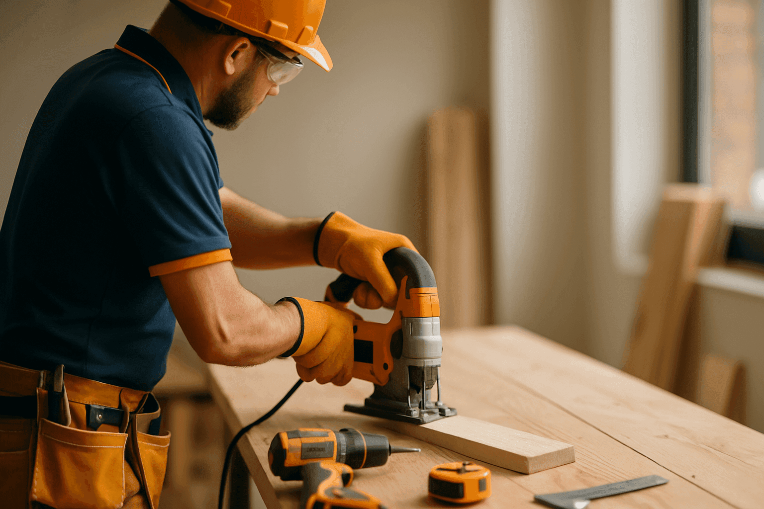 Professional handyman wearing safety gear working with tools on wooden bench at clean job site
